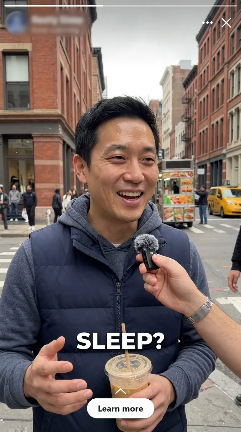A man answering a street interview on a city sidewalk, with the hook word SLEEP?