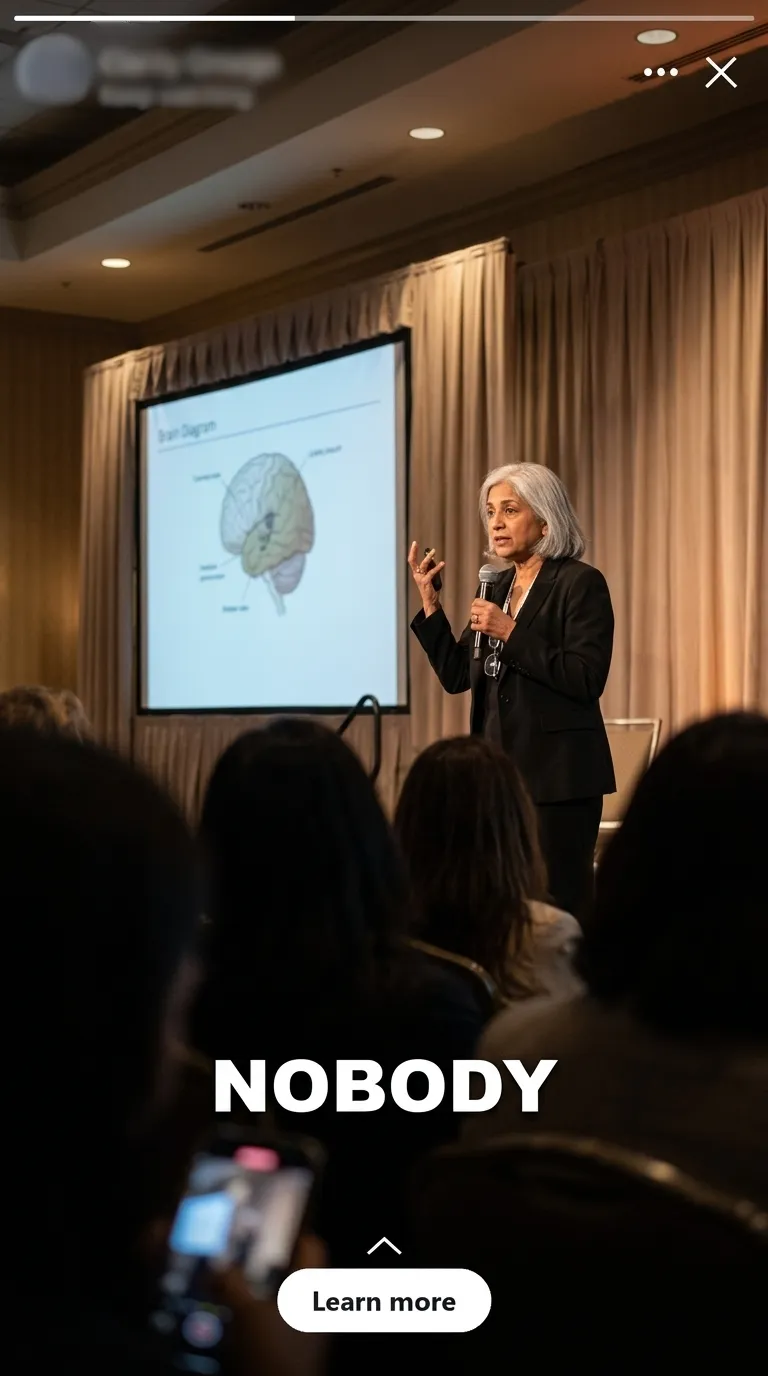 A speaker presenting a brain diagram to an audience, with the hook word NOBODY