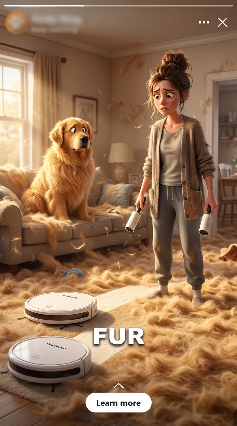 An illustrated woman and golden retriever in a living room covered in dog fur, with robot vacuums, and the hook word FUR