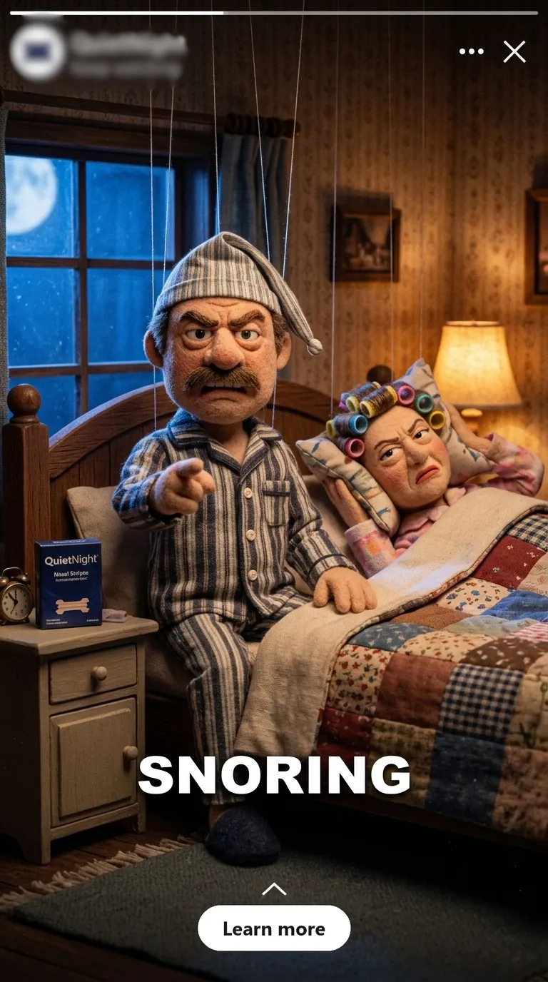 A puppet-style man in a nightcap pointing at his snoring partner in bed, with the hook word SNORING