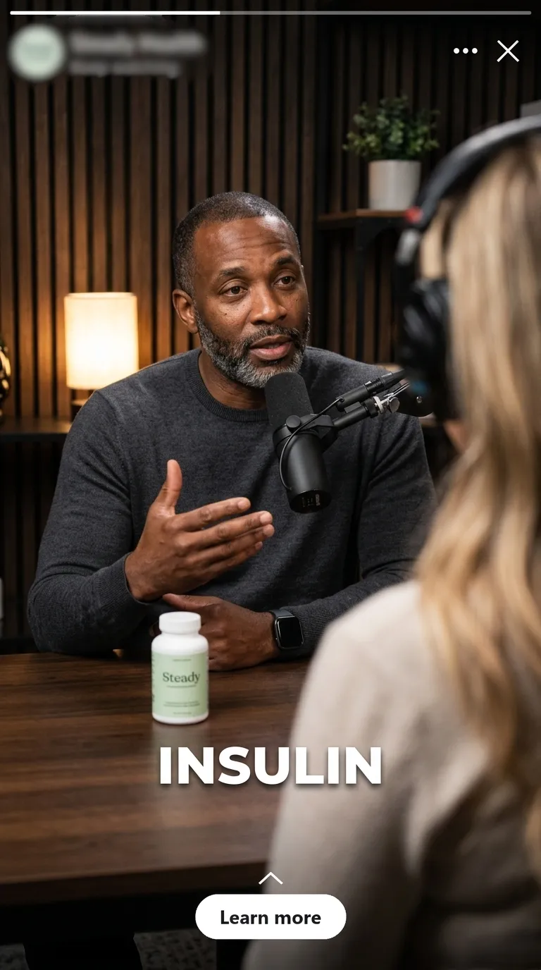 A man speaking into a podcast microphone with a supplement bottle on the table, with the hook word INSULIN
