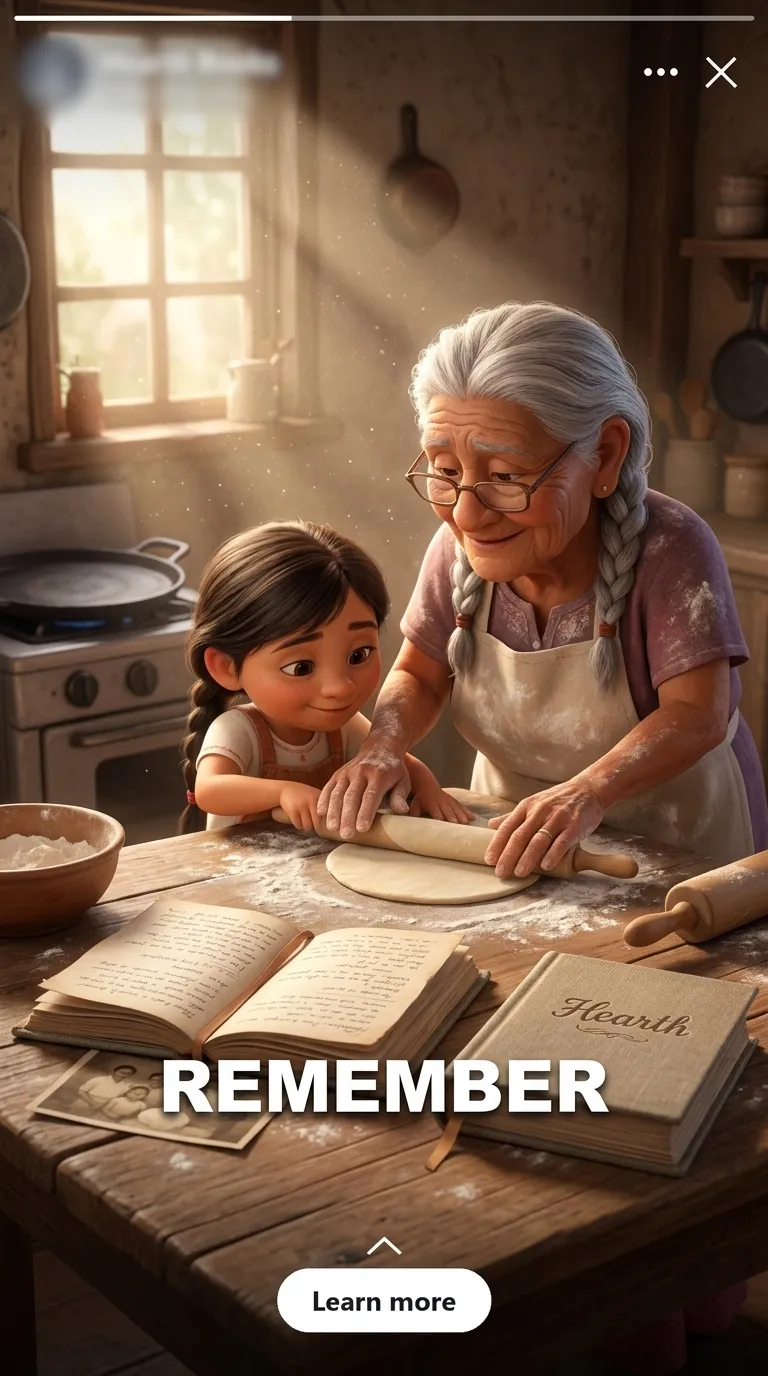A grandmother and granddaughter rolling dough beside an open recipe book, with the hook word REMEMBER