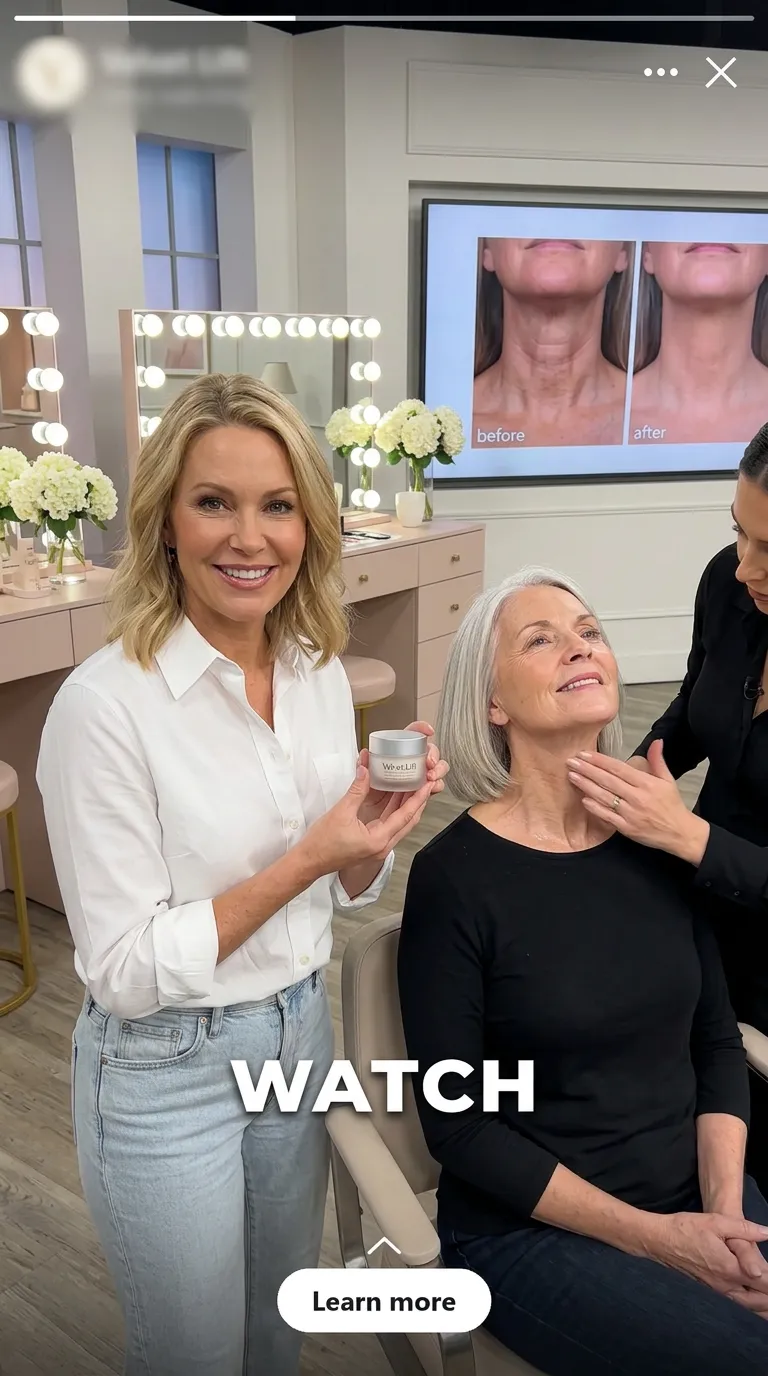 A woman applying neck cream to an older woman in a studio, with the hook word WATCH
