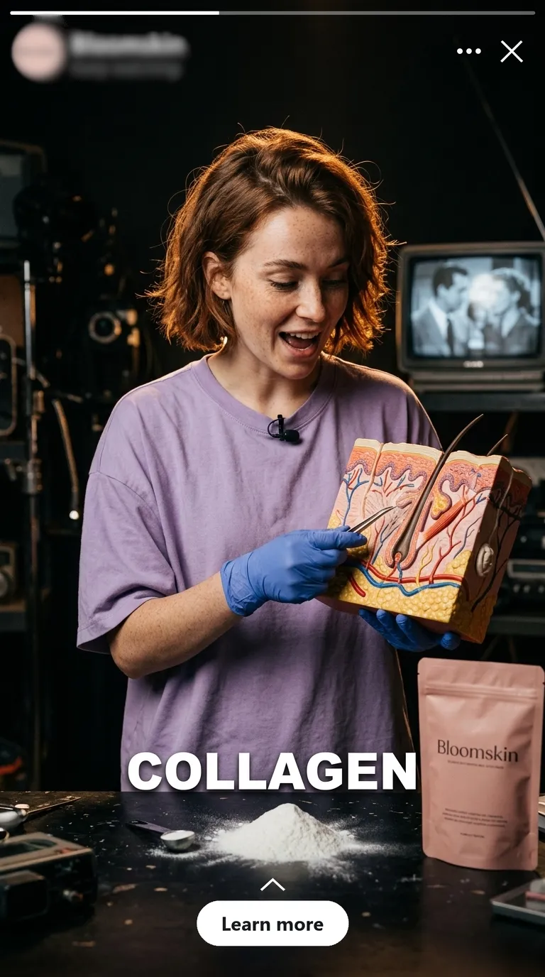 A woman in a lab holding up a model of skin layers next to a collagen pouch, with the hook word COLLAGEN