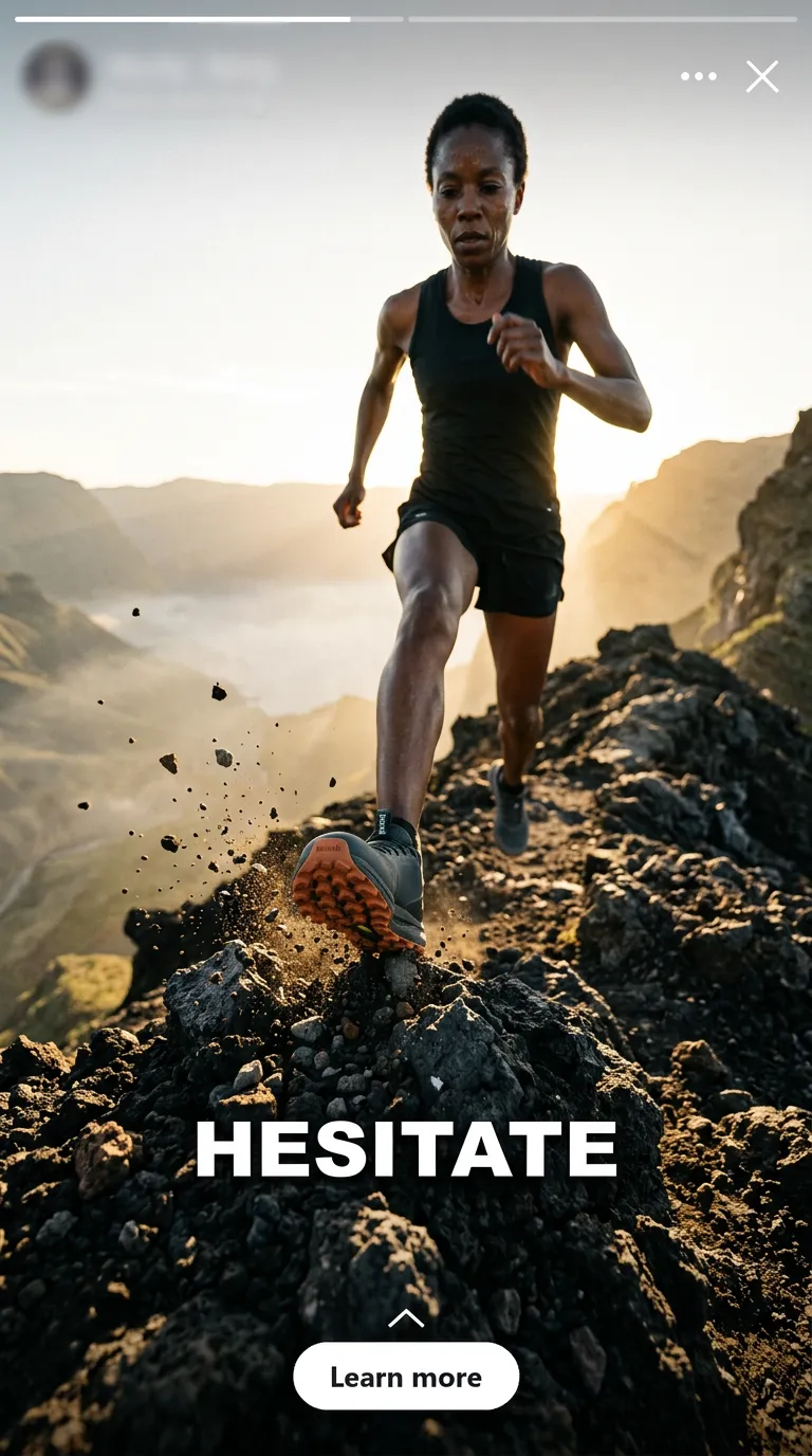 A woman running up a rocky mountain trail at sunrise, with the hook word HESITATE