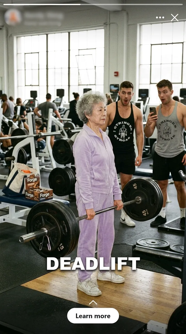 An older woman deadlifting a barbell in a busy gym, with the hook word DEADLIFT