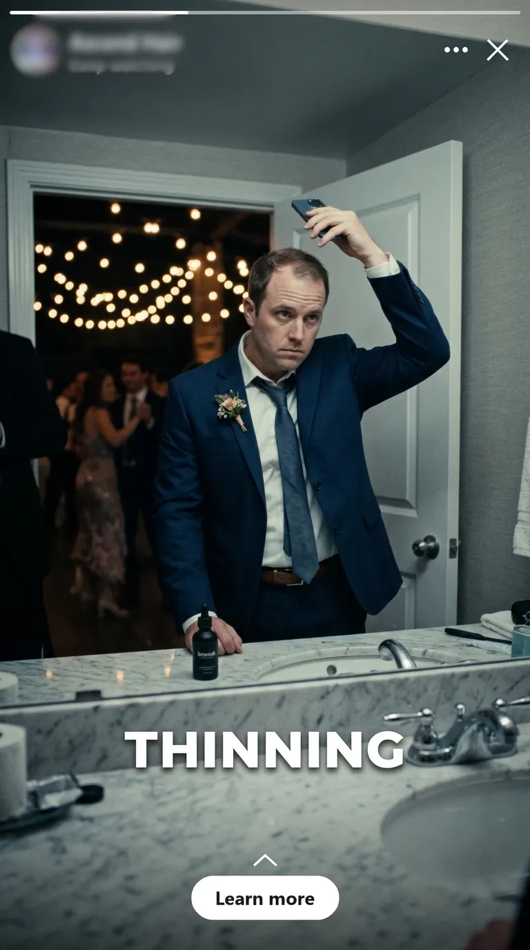 A man in a suit checking his thinning hair in a restroom mirror, with the hook word THINNING