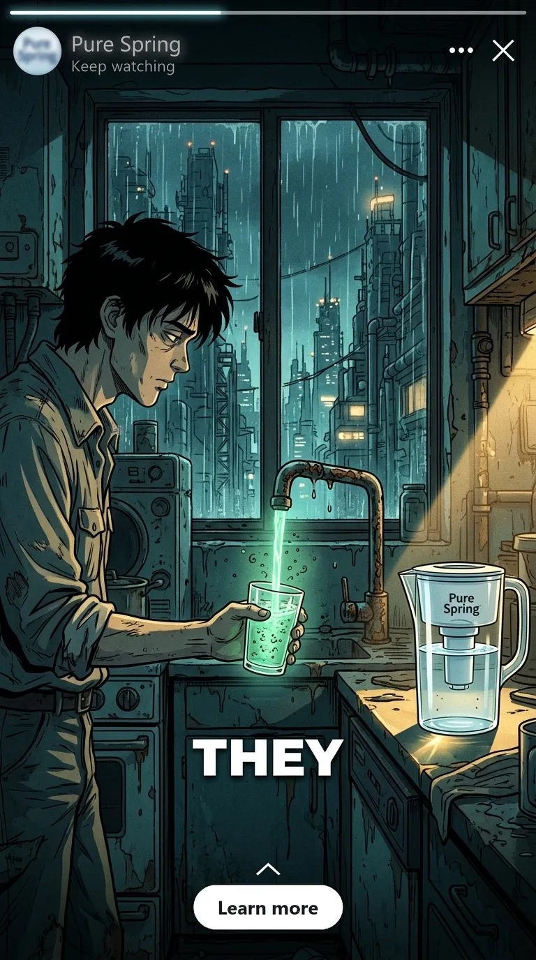 An illustrated man filling a glass from a glowing kitchen tap next to a filter pitcher, with the hook word THEY